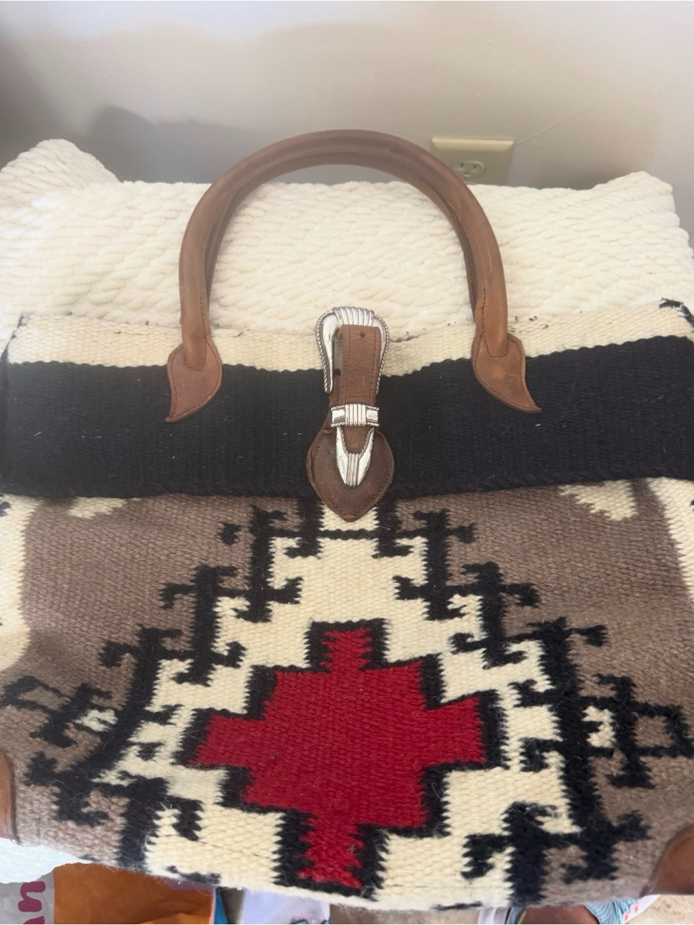 Southwestern Wool Tote with Brown Leather Handles and Red Accent